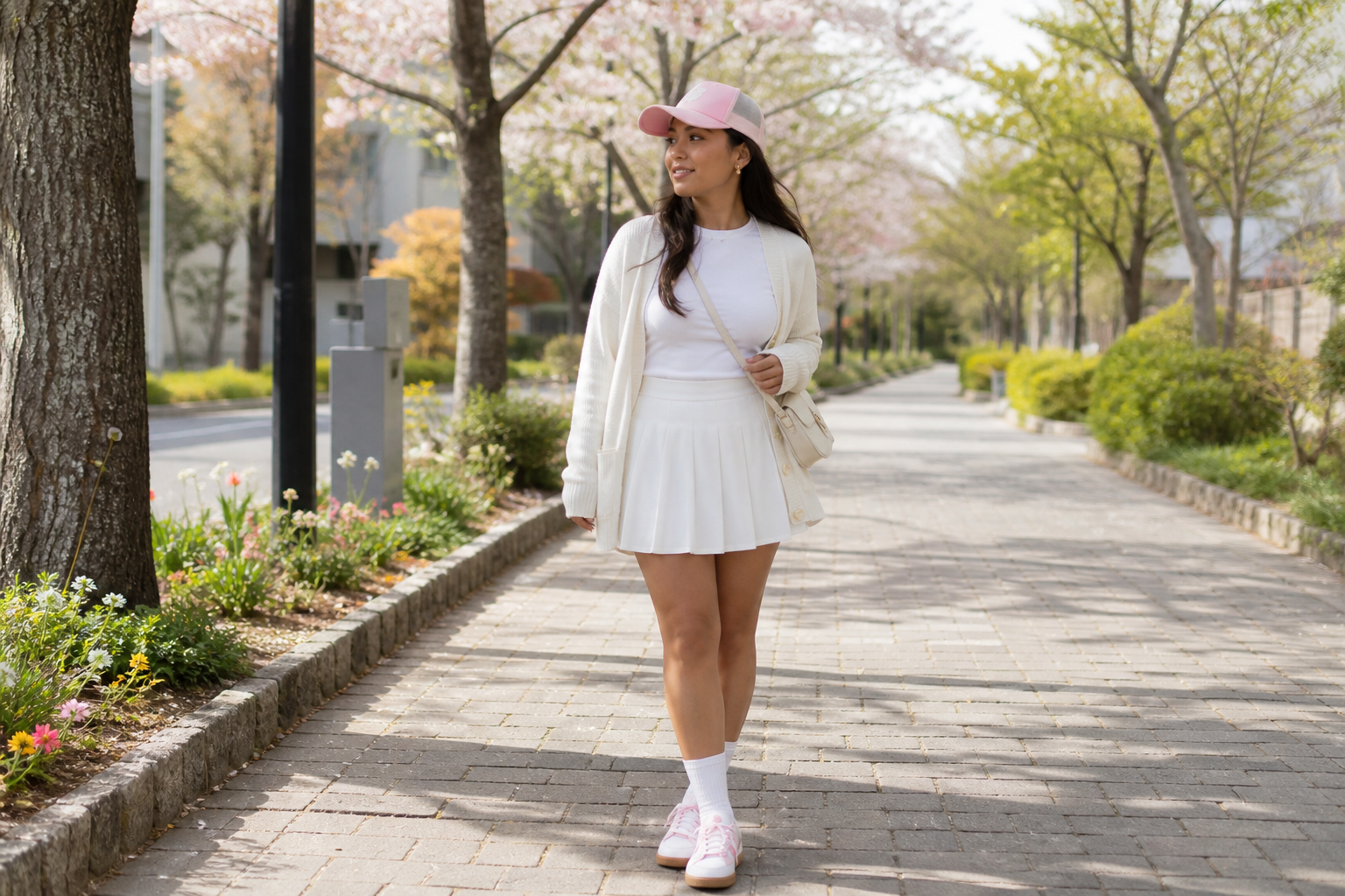 A woman in a white cardigan, pleated skirt, and pink trucker hat stands on a brick path lined with cherry blossoms and flowers. She wears white socks and pink sneakers.