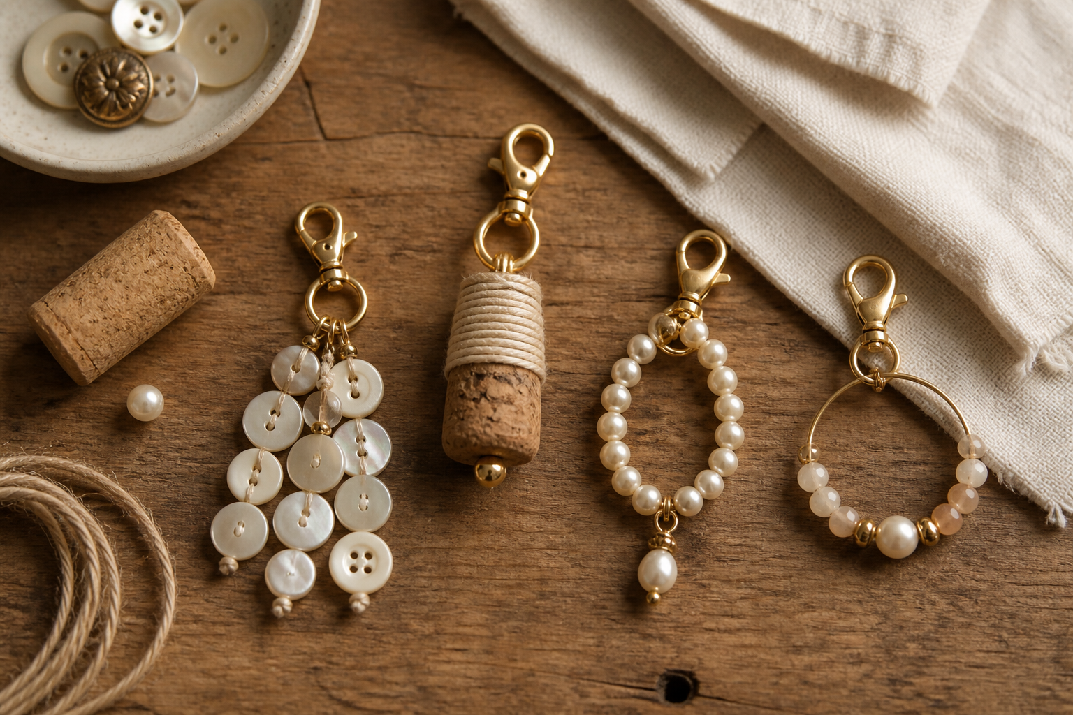 Four handmade keychains on a wooden surface: mother-of-pearl buttons, wrapped cork, pearl loop, and beaded hoop. Craft supplies like twine, corks, and buttons surround them.