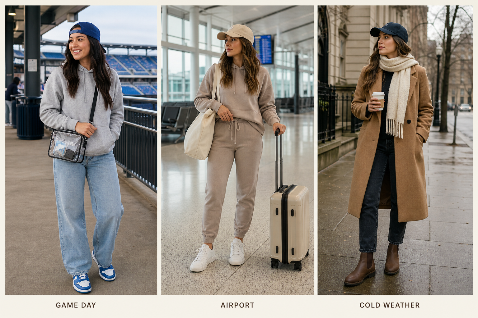A collage showing three outfits: a woman in a grey hoodie and jeans labeled "GAME DAY," a woman in a beige sweatsuit with luggage labeled "AIRPORT," and a woman in a camel coat and scarf labeled "COLD WEATHER.