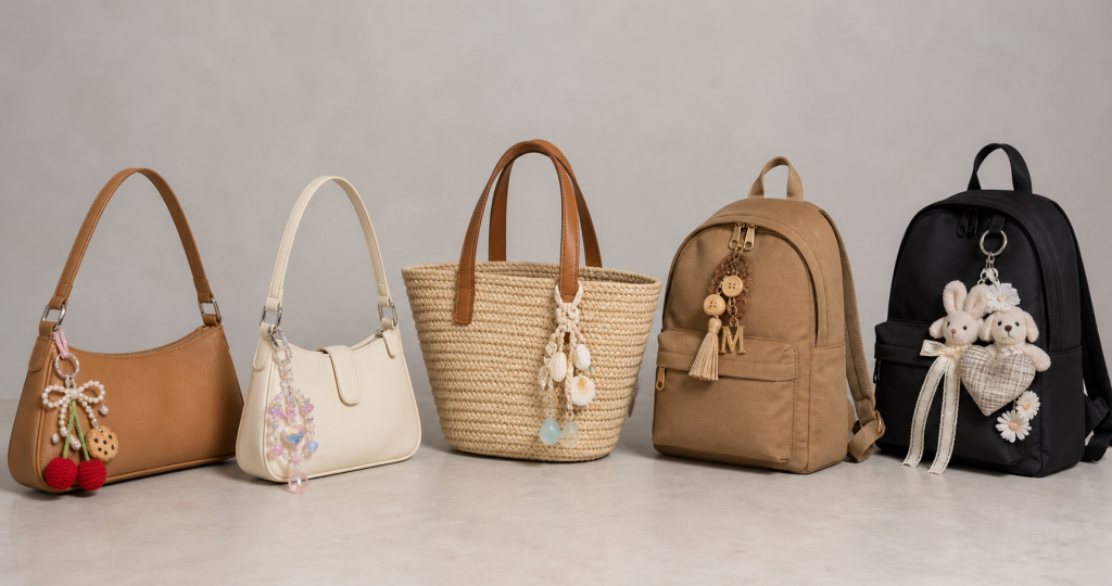 Five bags lined up: tan shoulder bag with cherry charm, cream bag with beaded heart, woven tote with shells, tan backpack with "M" monogram, and black backpack with plush animal keychain.