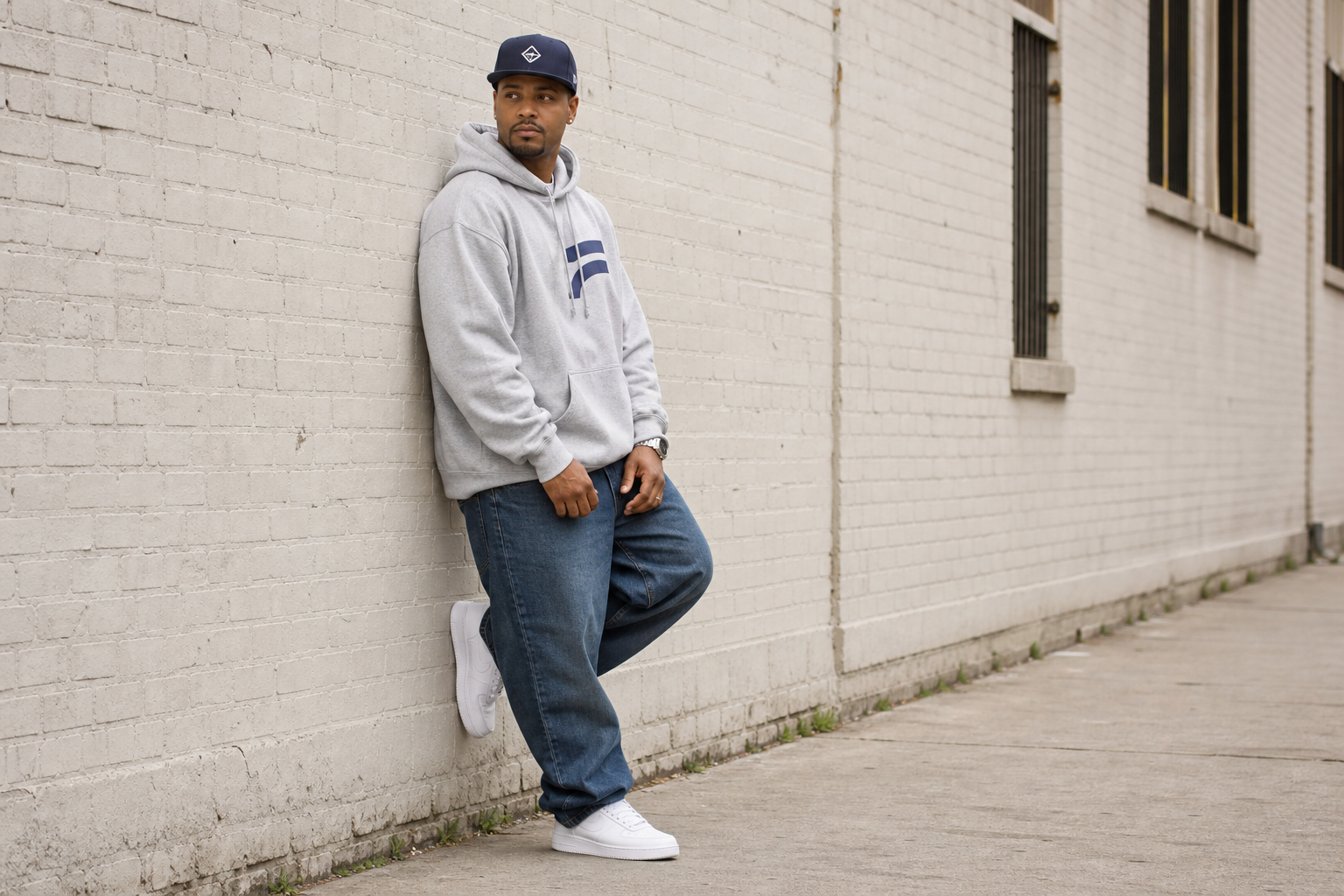 A man in a grey hoodie with a blue logo, blue jeans, white sneakers, and a navy cap leans against a white brick wall.