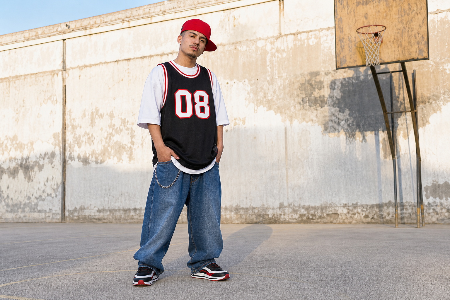 A young man in a red cap, black jersey with "08" in white and red, baggy jeans, and sneakers stands on an outdoor court near a hoop against a weathered wall.