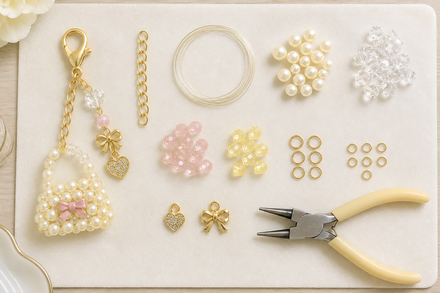 A beaded pearl handbag charm with gold hardware lies next to crafting supplies: pink, yellow, clear, and white beads, jump rings, wire, charms, and pliers on a beige mat.