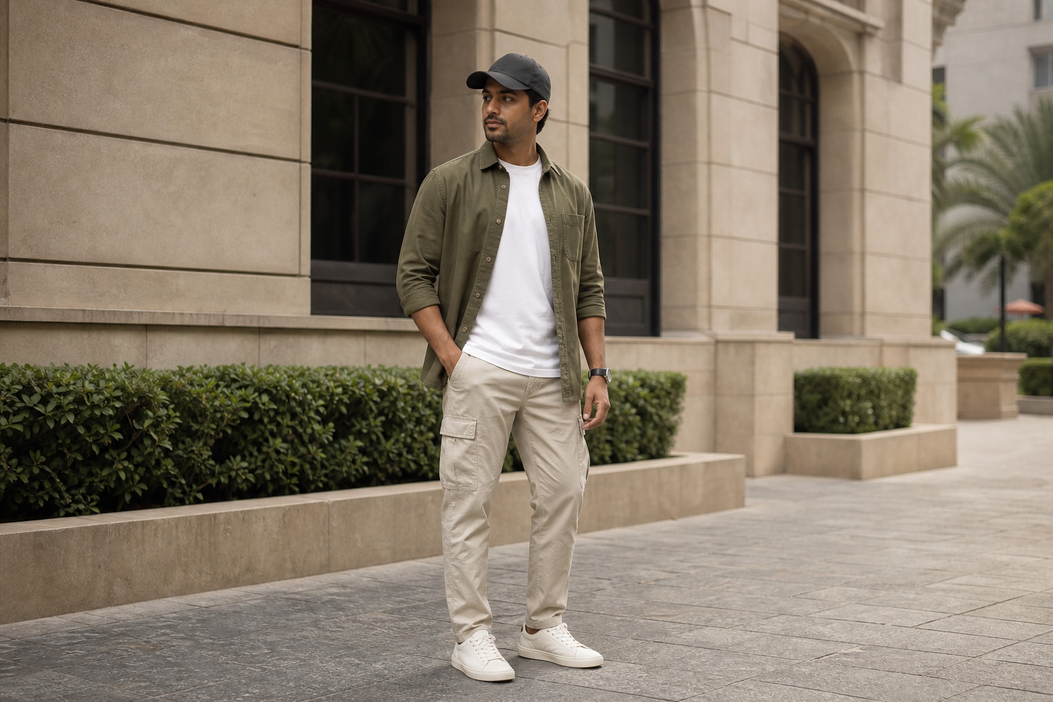 A man stands outdoors wearing a black cap, olive green shirt over a white tee, beige cargo pants, and white sneakers. He has one hand in his pocket against a stone building with hedges.