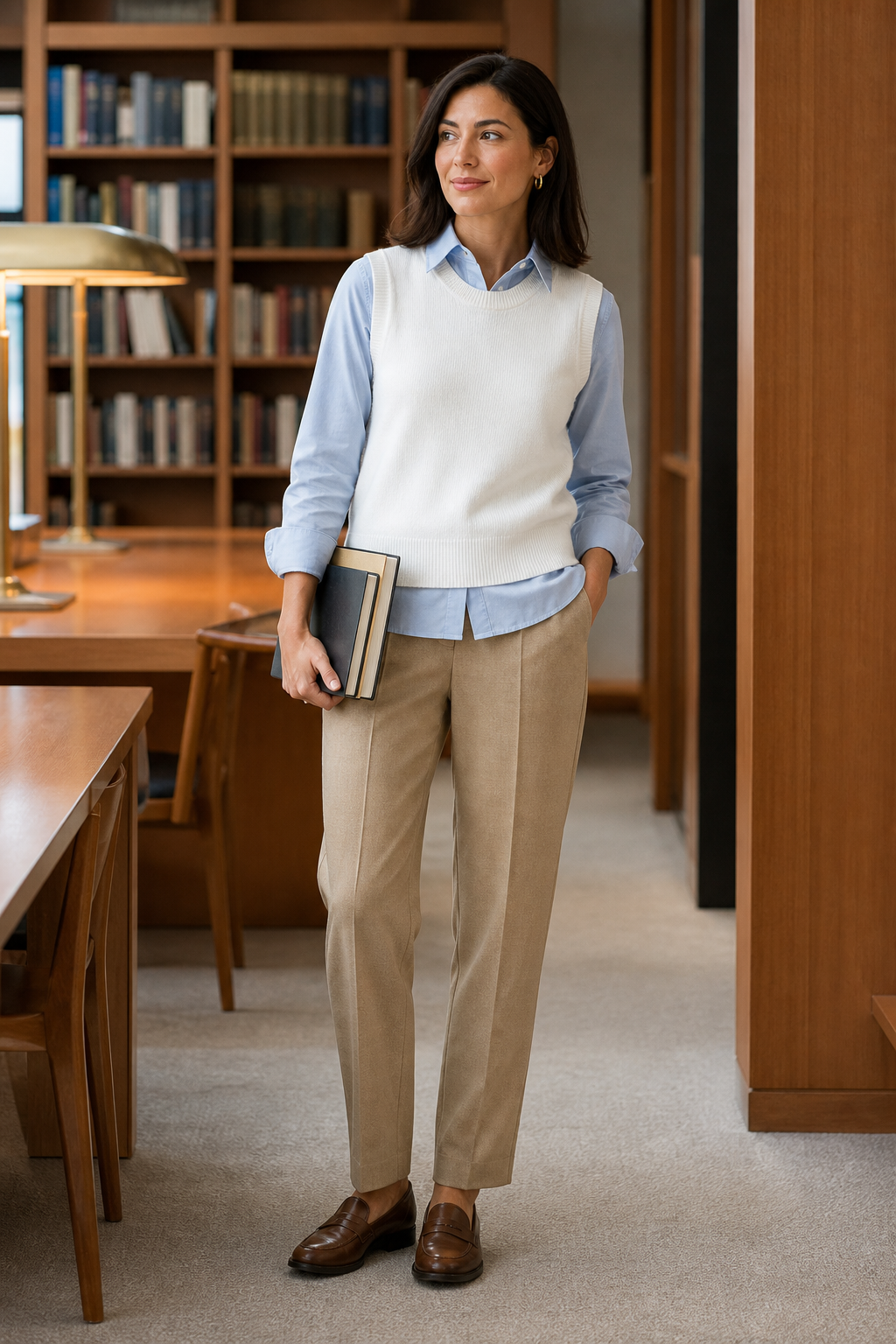 A woman in a white sweater vest, blue shirt, and beige trousers stands in a library holding books. She wears brown loafers and looks to the side near wooden bookshelves.