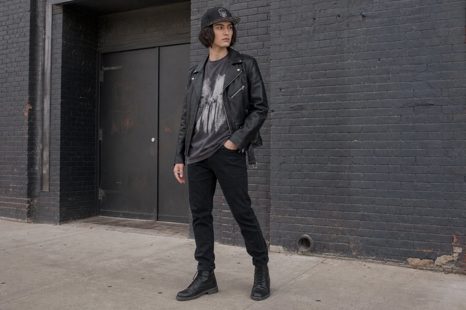 A young man in a black leather jacket, graphic tee, black jeans, boots, and skull-logo cap stands against a dark brick wall with one hand in his pocket.