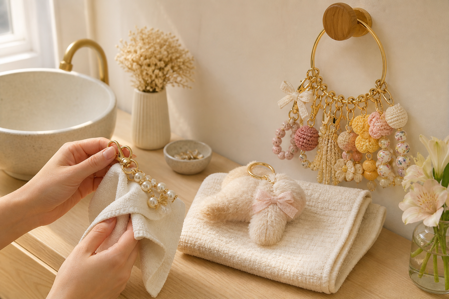 Hands hold a pearl keychain on a white cloth beside a fluffy bunny charm. A gold ring displays various crocheted and beaded keychains near a sink and flowers.