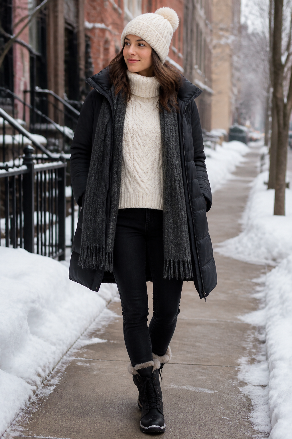 Woman walking on a snowy sidewalk wearing a black puffer coat, cream cable-knit turtleneck, pom-pom beanie, gray scarf, black jeans, and fur-trimmed boots.