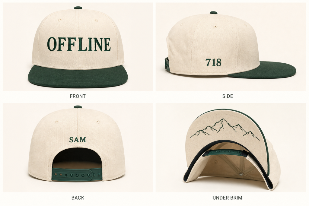 Four views of a cream and green snapback: Front shows "OFFLINE", side shows "718", back shows "SAM", and under brim features a mountain outline.