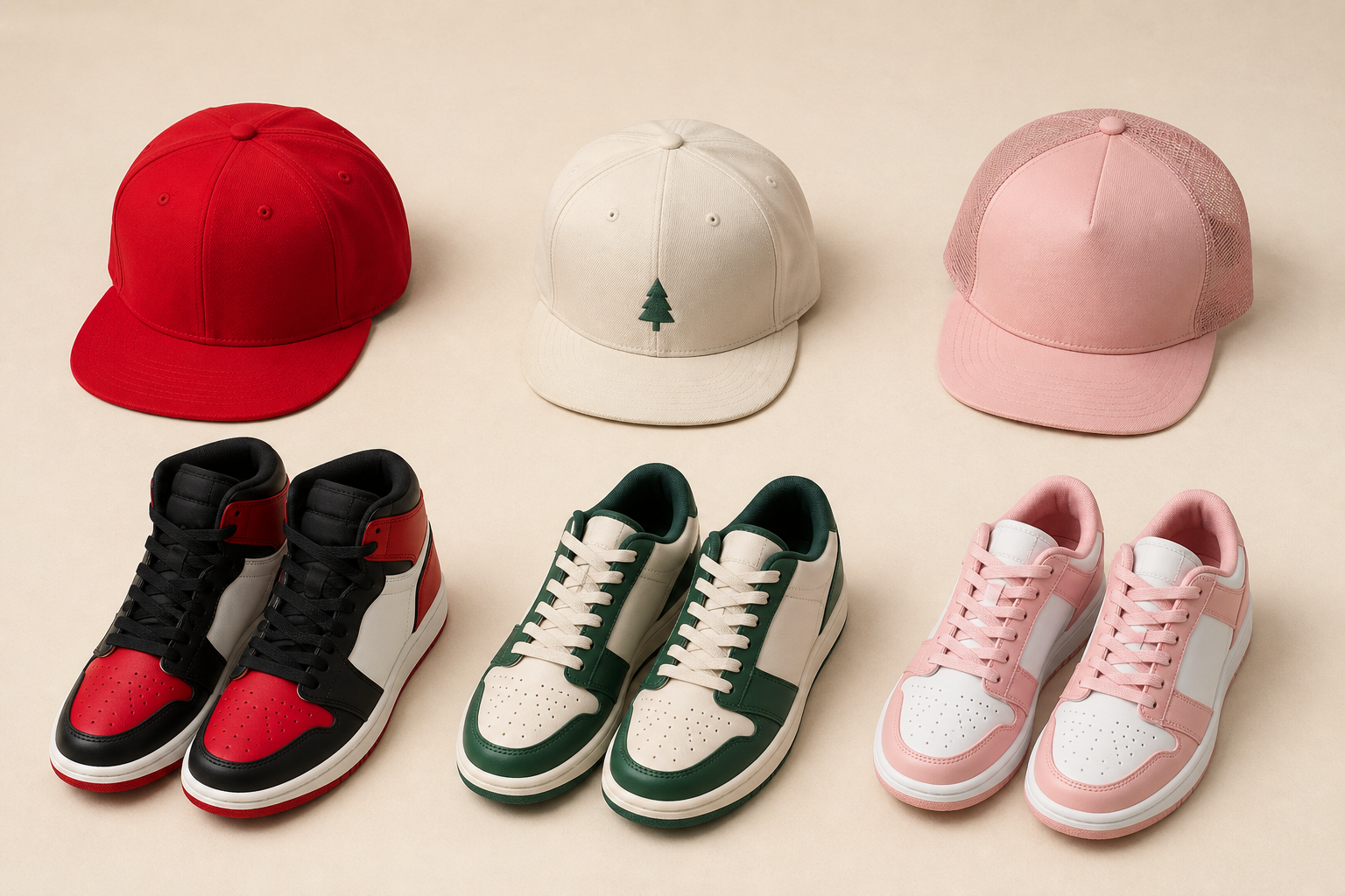 A red snapback, a cream cap with an embroidered green tree logo, and a pink trucker hat sit above matching high-top sneakers in red/black/white, green/cream, and pink/white.