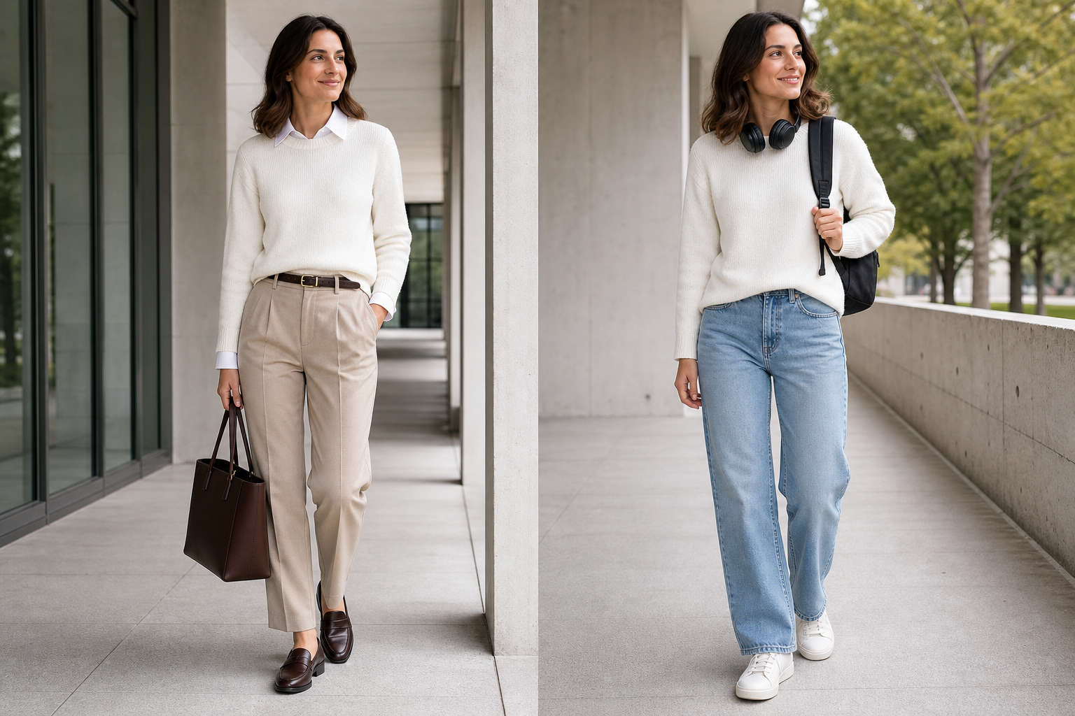 A woman models a white sweater two ways: with beige trousers and a brown tote for work, and with blue jeans, headphones, and a backpack for casual wear.