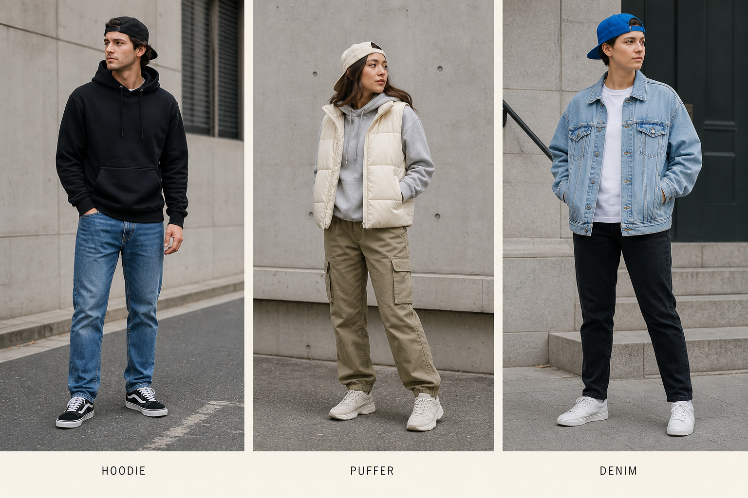 Three fashion models showcase streetwear: a man in a black hoodie and jeans labeled "HOODIE," a woman in a cream puffer vest and cargo pants labeled "PUFFER," and a person in a denim jacket and black jeans labeled "DENIM.