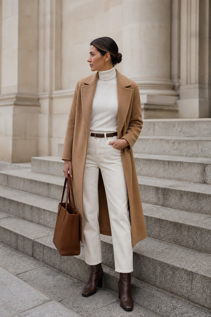 Woman in camel coat, white turtleneck, and cream jeans stands on stone steps holding a brown leather tote bag, wearing brown block-heel boots.