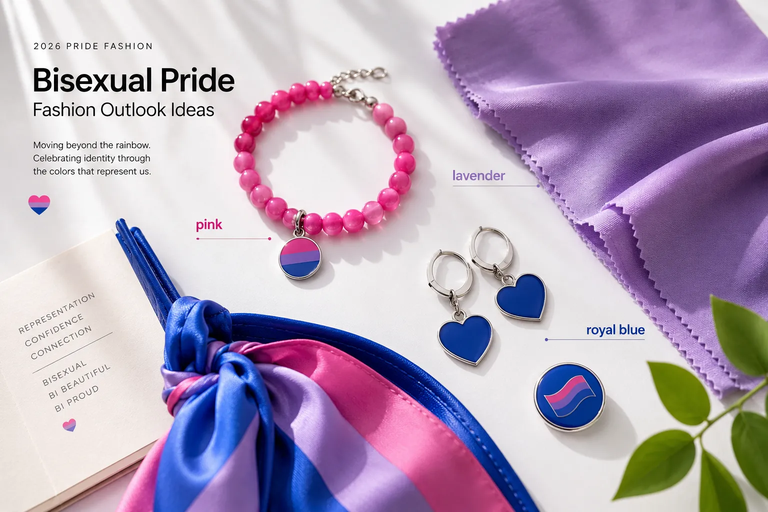 Bright editorial flat-lay composition showcasing the three bisexual pride flag colors as a cohesive fashion palette: a pink