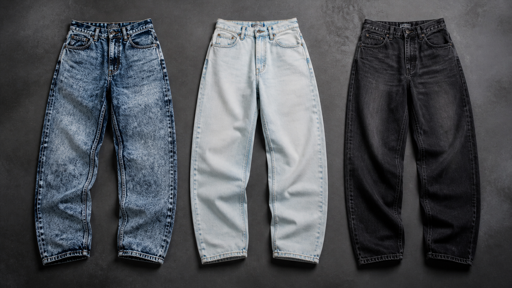 Three pairs of baggy jeans laid flat on a dark background: acid-wash blue, light wash, and black.