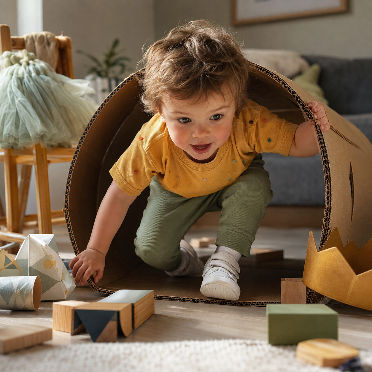 A smiling toddler in a yellow shirt crawls through a large cardboard tube surrounded by wooden blocks, paper toys, and a gold crown on the floor.