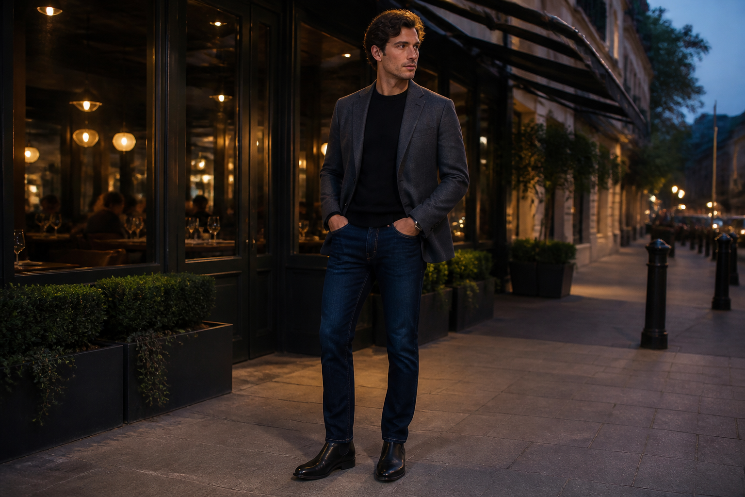 A man in a grey blazer, black sweater, dark jeans, and black boots stands on a city sidewalk at dusk with hands in pockets outside a lit restaurant.
