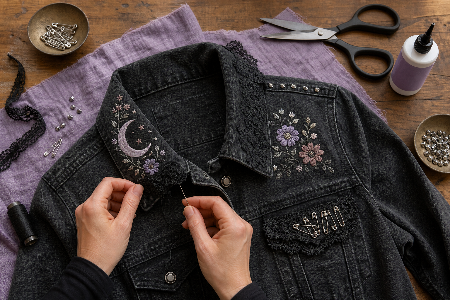 Hands embroider a black denim jacket with moon, stars, and floral designs. The collar features lace trim, while safety pins, studs, scissors, and thread surround the garment on a wooden table.