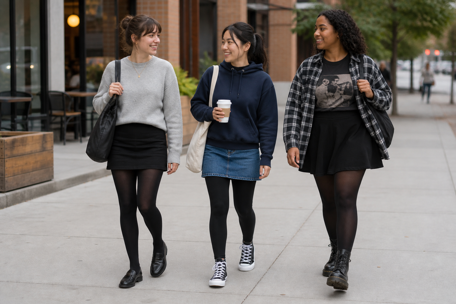 Three diverse young women walk and smile on a city sidewalk. One wears a grey sweater, another a navy hoodie holding coffee, and the third a plaid shirt over a graphic tee.