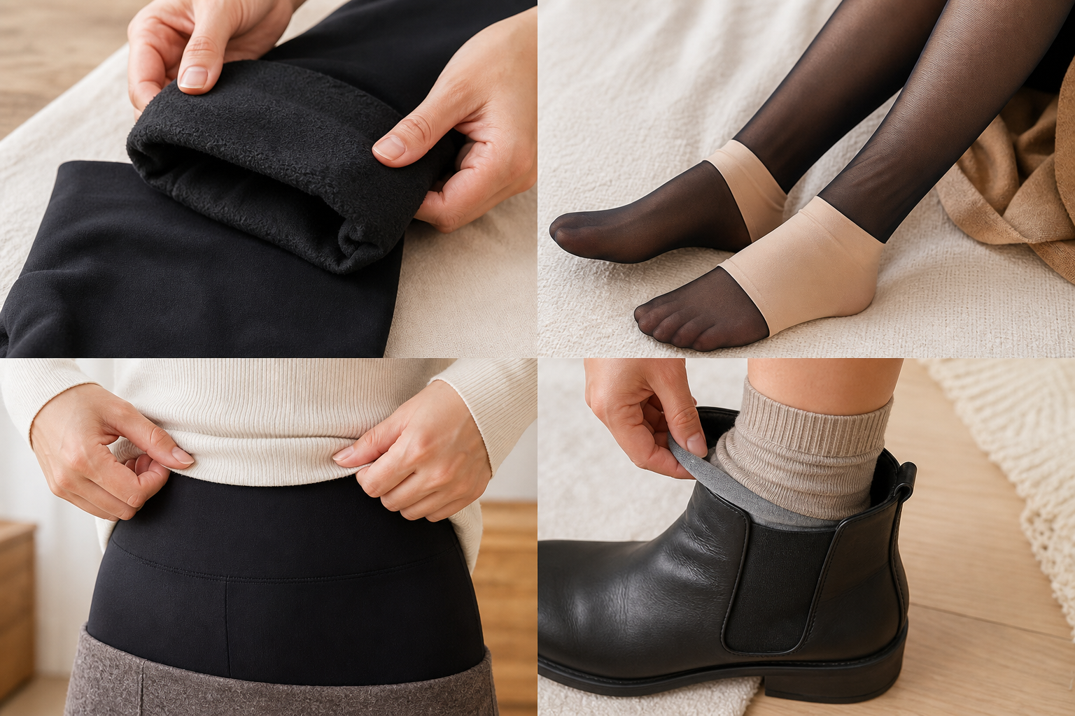 Collage showing thermal wear: hands displaying fleece lining, sheer tights with beige ankle patches, high-waisted black thermal leggings under a sweater, and gray leg warmers tucked into a black boot.