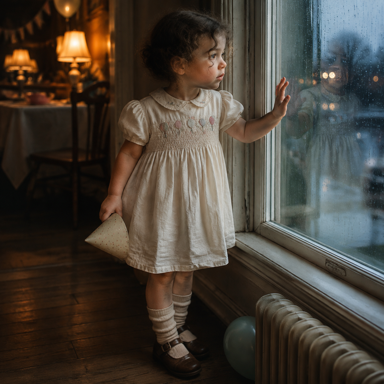 A young girl in a cream dress holds a party hat while pressing her hand against a rain-streaked window, gazing outside. A radiator and balloon sit nearby.