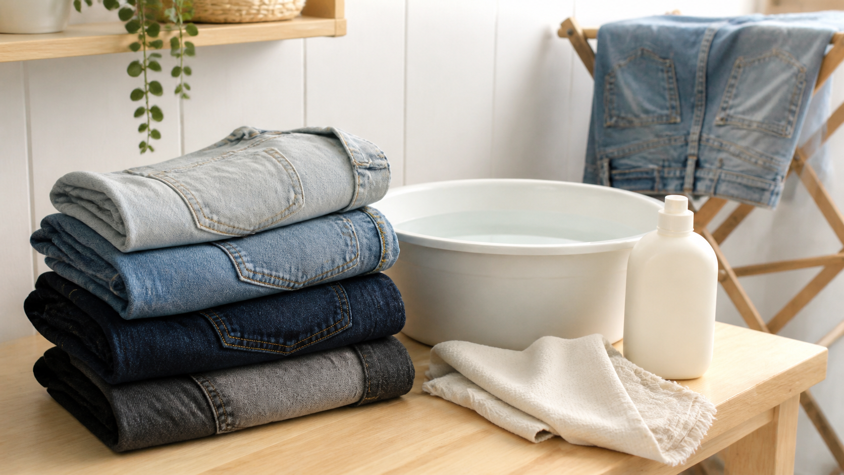 Stacked folded jeans in varying shades sit beside a white basin of water, detergent bottle, and cloth on a wooden table, with more denim drying on a rack in the background.