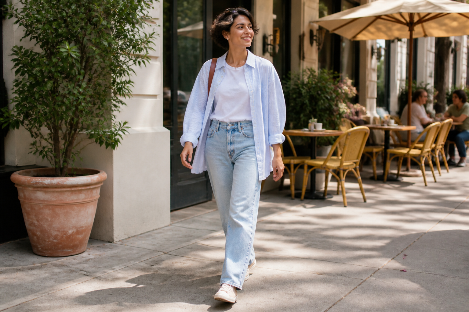 A smiling woman with short dark hair walks down a sunny sidewalk wearing an open blue striped shirt over a white tee and light jeans. A potted tree is to her left; cafe seating with wicker chairs and umbrellas is in the background.