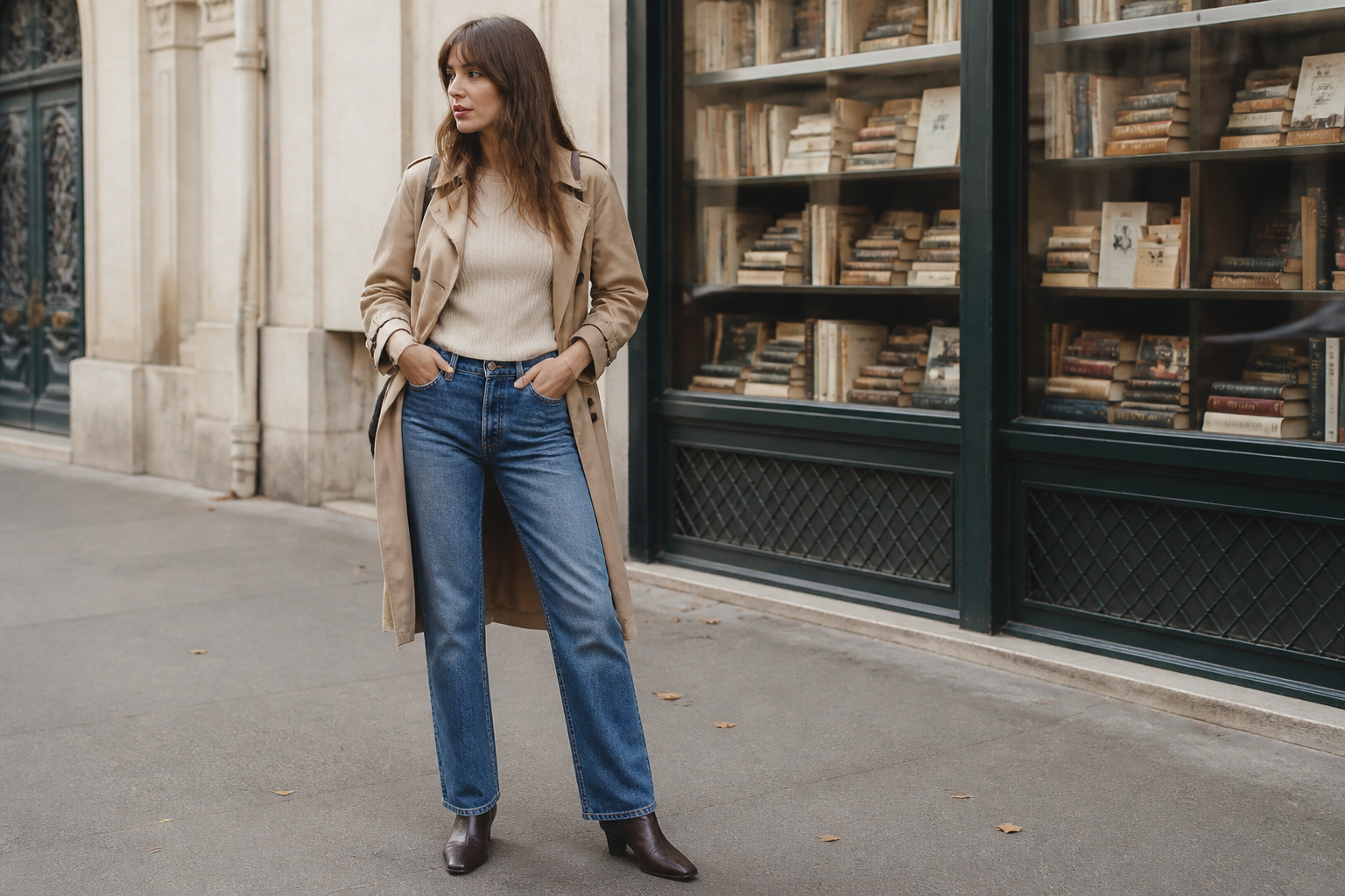 Woman in beige trench coat, cream sweater, blue jeans, and brown boots stands on a sidewalk with hands in pockets, beside a shop window filled with stacked vintage books.