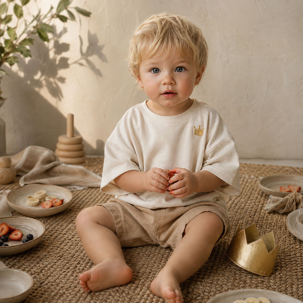 Blonde toddler in cream shirt with gold crown logo sits on woven mat holding a strawberry. Plates of fruit, wooden toys, and a gold paper crown surround him.