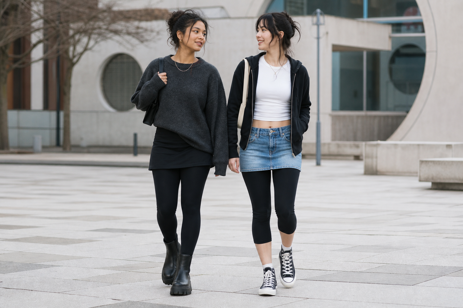Two young women walk side-by-side in an urban plaza, smiling at each other. One wears a grey sweater and black boots; the other wears a denim skirt over leggings and sneakers.