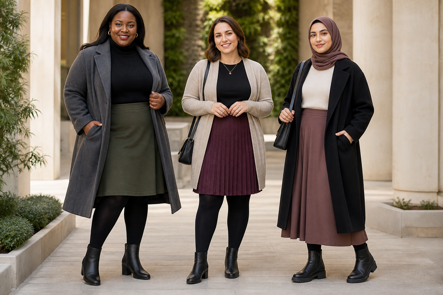 Three diverse women stand smiling outdoors. Left: gray coat, green skirt. Center: beige cardigan, pleated burgundy skirt. Right: hijab, black coat, mauve midi skirt. All wear black boots.