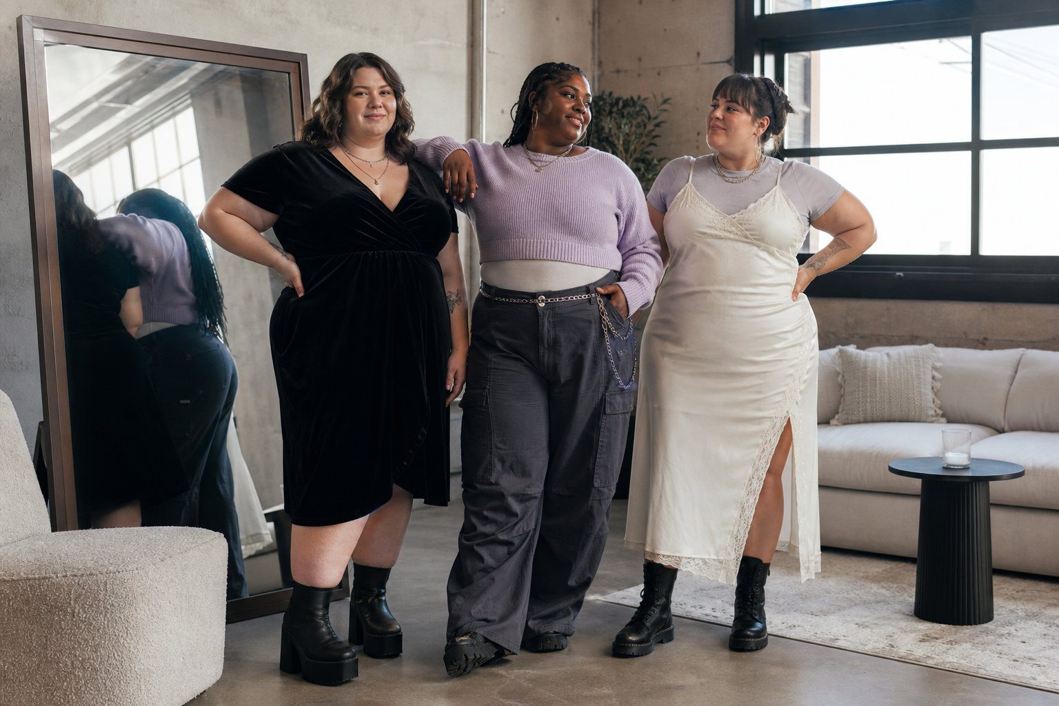 Three plus-size women pose together in a loft. One wears a black velvet dress, another a lavender crop top with cargo pants, and the third a white slip dress over a grey tee, all paired with black boots.