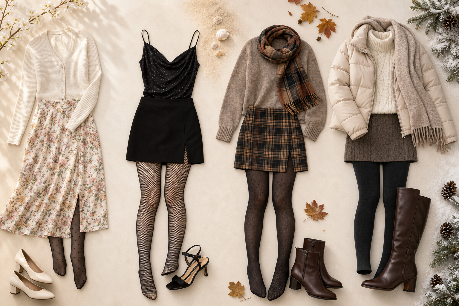 Four seasonal flat-lay outfits: spring floral with cardigan, summer black dress with fishnets, autumn plaid skirt with scarf, and winter puffer jacket with boots, accented by seasonal props.