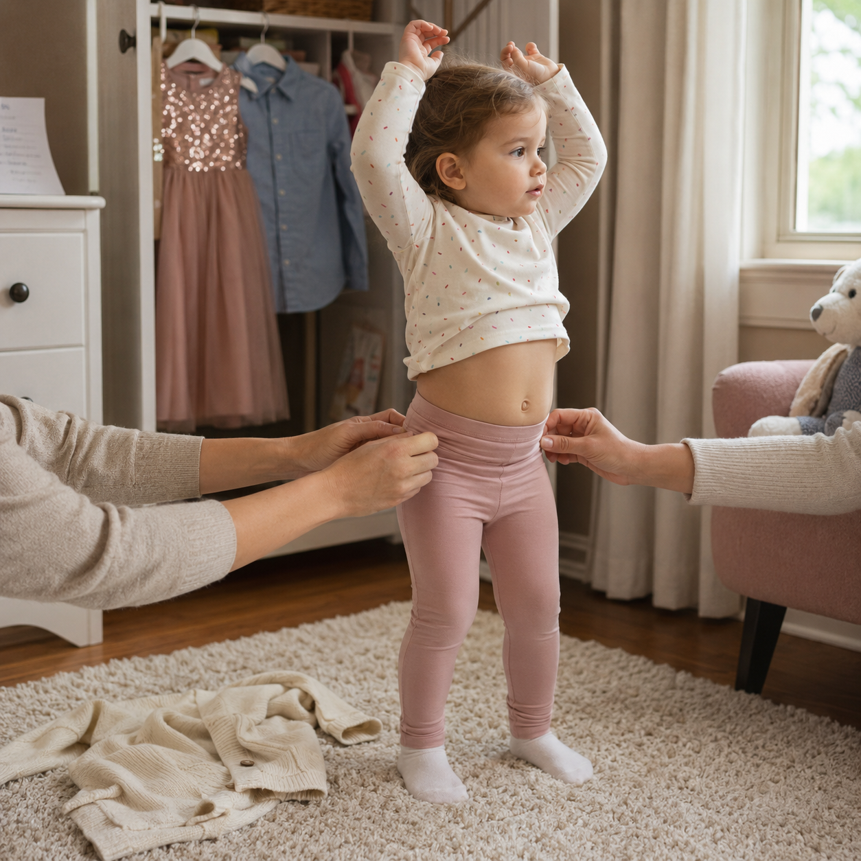 Adults adjust pink leggings on a toddler with raised arms. The child wears a speckled white top and stands on a rug near an open closet with hanging clothes.