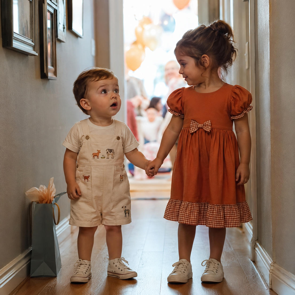 A toddler in animal-embroidered overalls holds hands with a girl in an orange gingham-trimmed dress. They stand in a hallway near a gift bag, looking toward a party with balloons in the background.