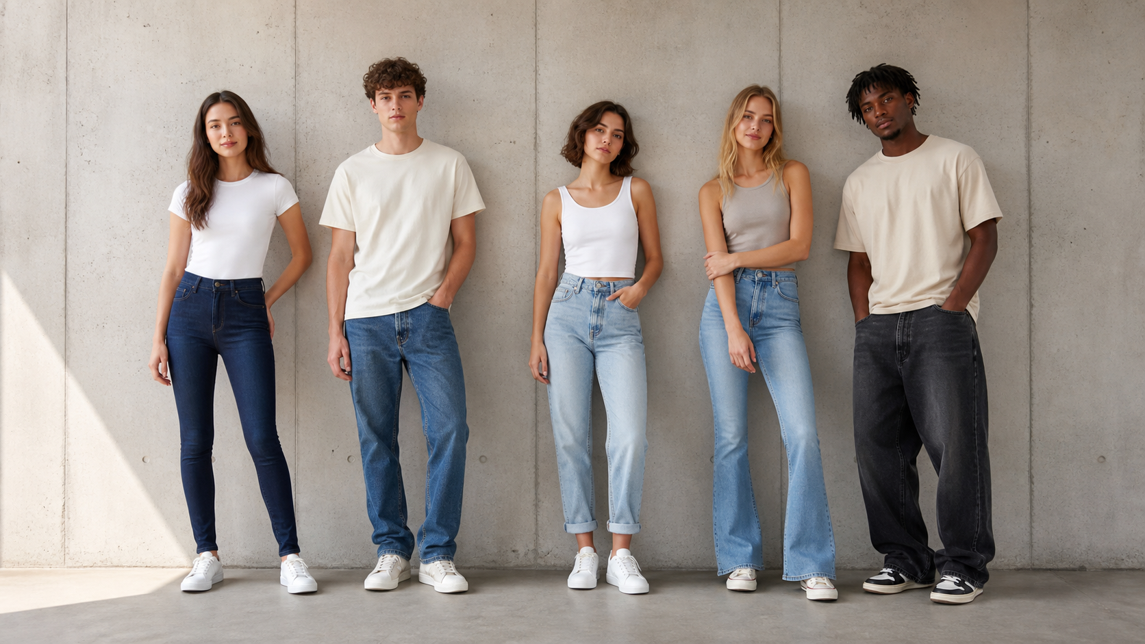 Five diverse models stand against a concrete wall showcasing various denim fits: dark skinny, straight, cuffed, flared, and wide-leg, paired with neutral tops and sneakers.