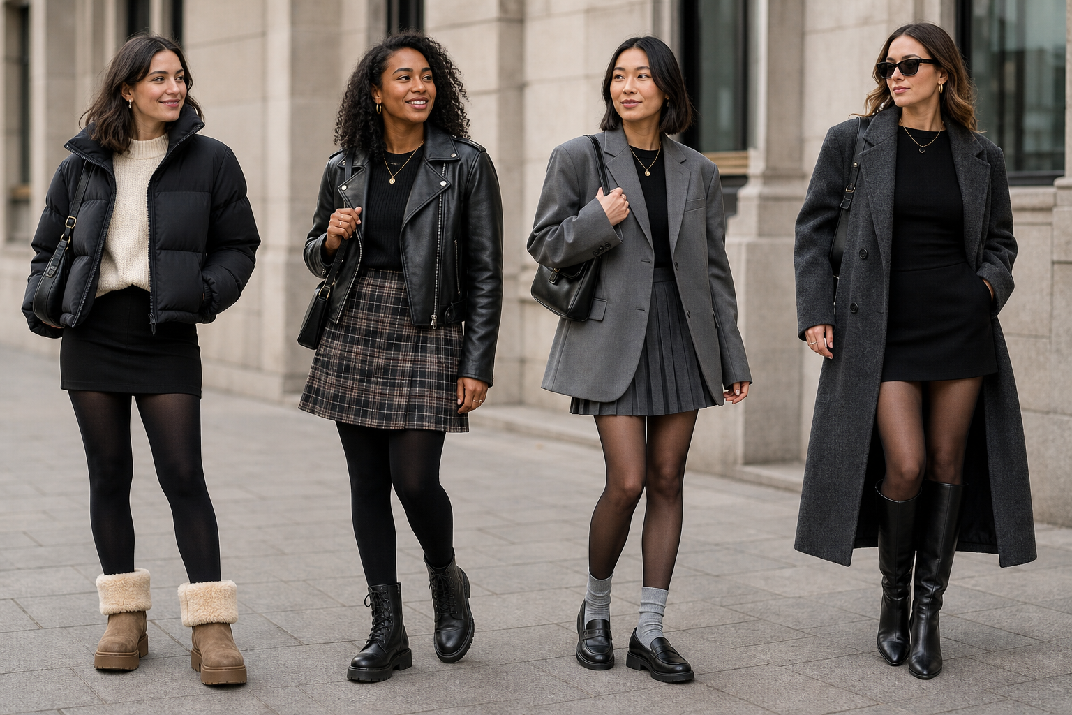 Four women walk in a row wearing diverse winter outfits: a puffer jacket with Ugg boots, a leather jacket with a plaid skirt, an oversized blazer with a pleated skirt, and a long coat with knee-high boots.
