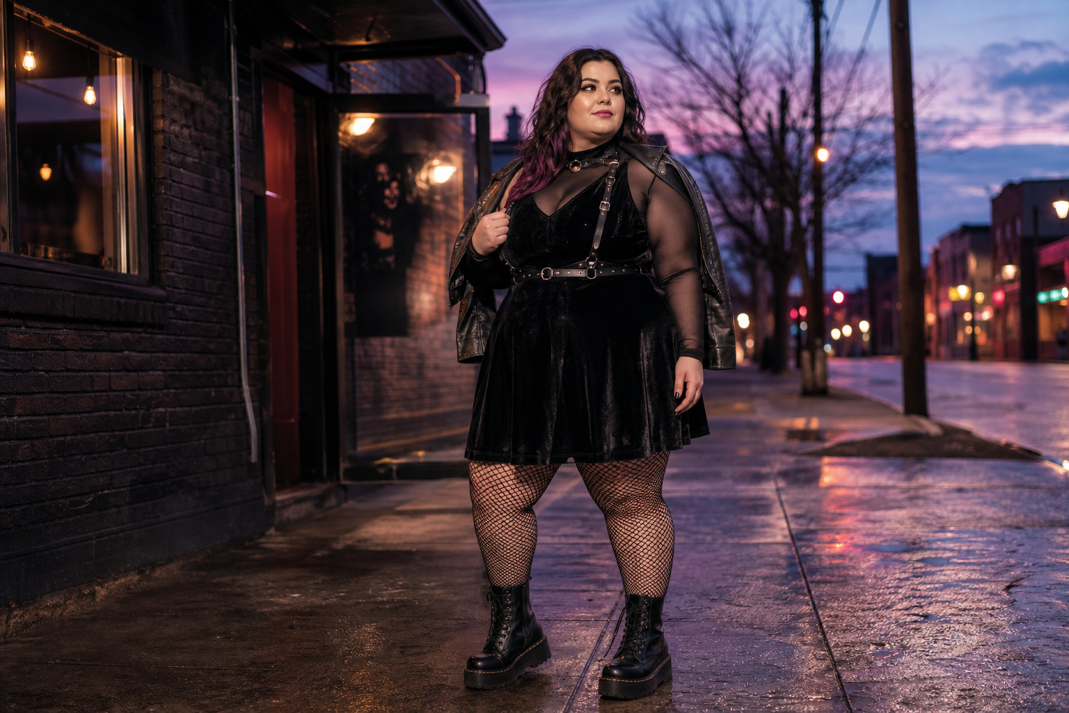 A woman with dark hair and purple highlights stands on a wet city sidewalk at dusk. She wears a black velvet dress, leather harness, fishnet stockings, platform boots, and a jacket draped over her shoulders against a purple sky.