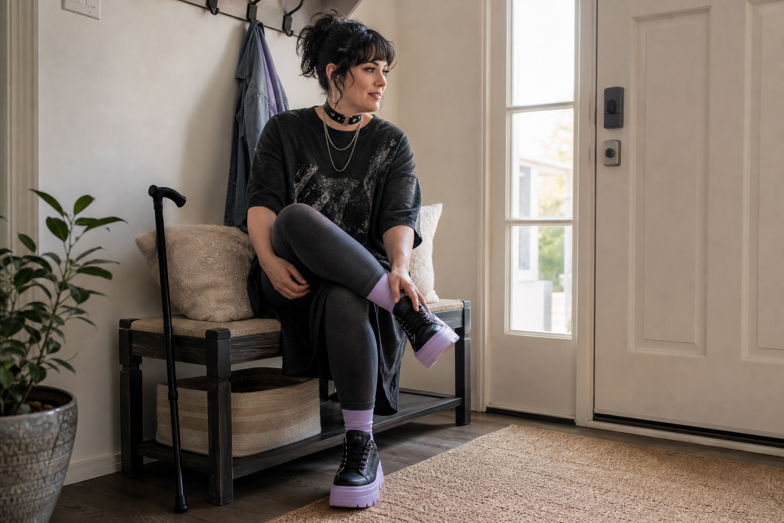 A woman with dark hair sits on an entryway bench adjusting a black platform shoe with a thick purple sole. She wears matching purple socks, a black choker, and a cane rests beside her near the front door.