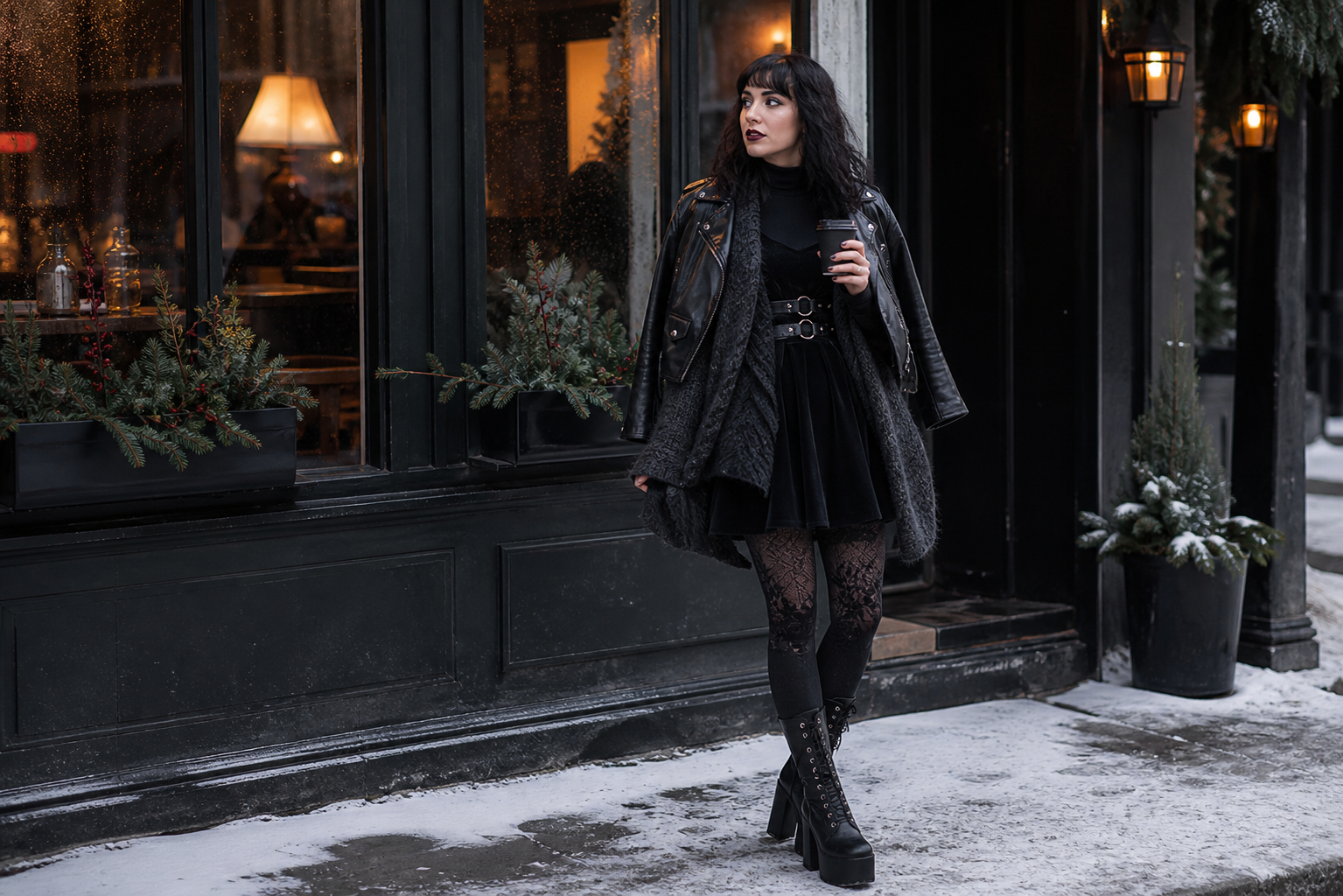 A woman in a black gothic outfit with lace tights and platform boots stands on a snowy sidewalk holding a coffee cup outside a dark storefront with holiday greenery.