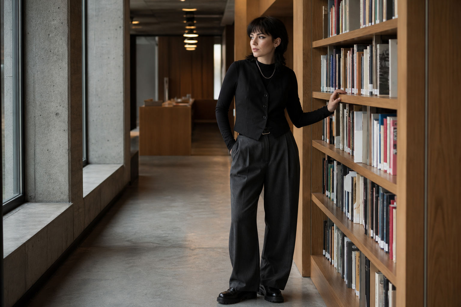A woman in a black vest and grey trousers stands in a modern library corridor, resting one hand on a wooden bookshelf while looking toward large windows.