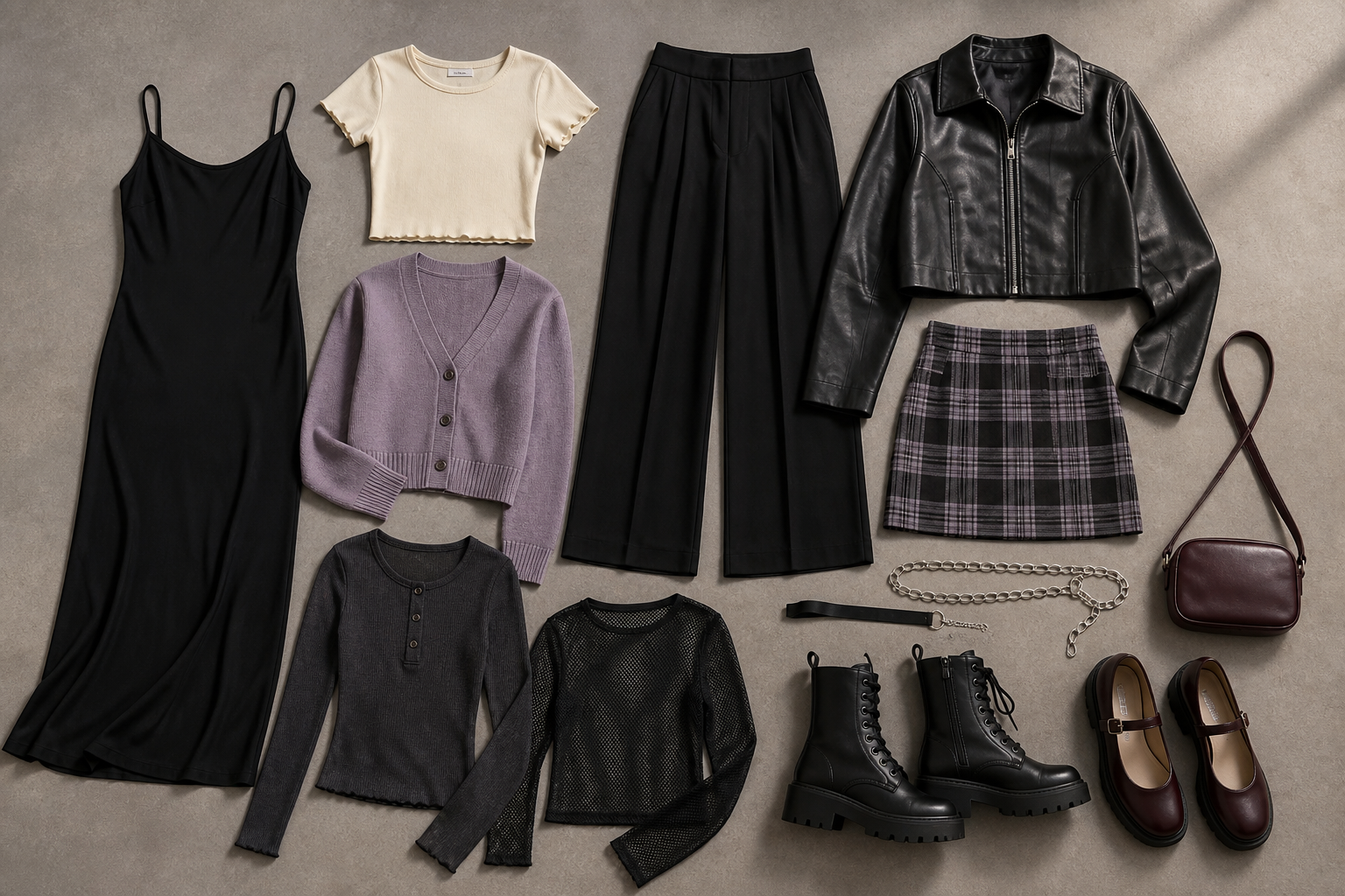 Flat lay of fashion items: black slip dress, cream crop top, purple cardigan, black trousers, leather jacket, plaid mini skirt, grey henley, mesh top, combat boots, Mary Janes, maroon bag, and chain belt.