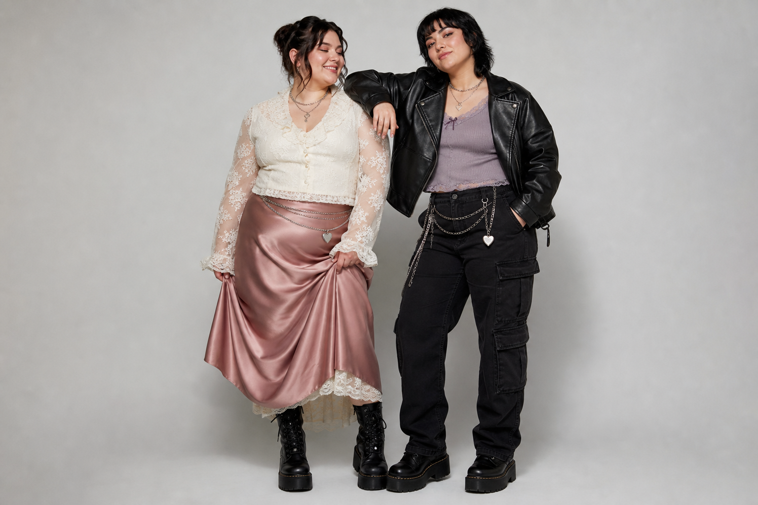 Two women pose in Y2K fashion. One wears a cream lace top and pink satin skirt with chains; the other wears a black leather jacket, purple top, and cargo pants with heart chain belts. Both wear chunky black boots.
