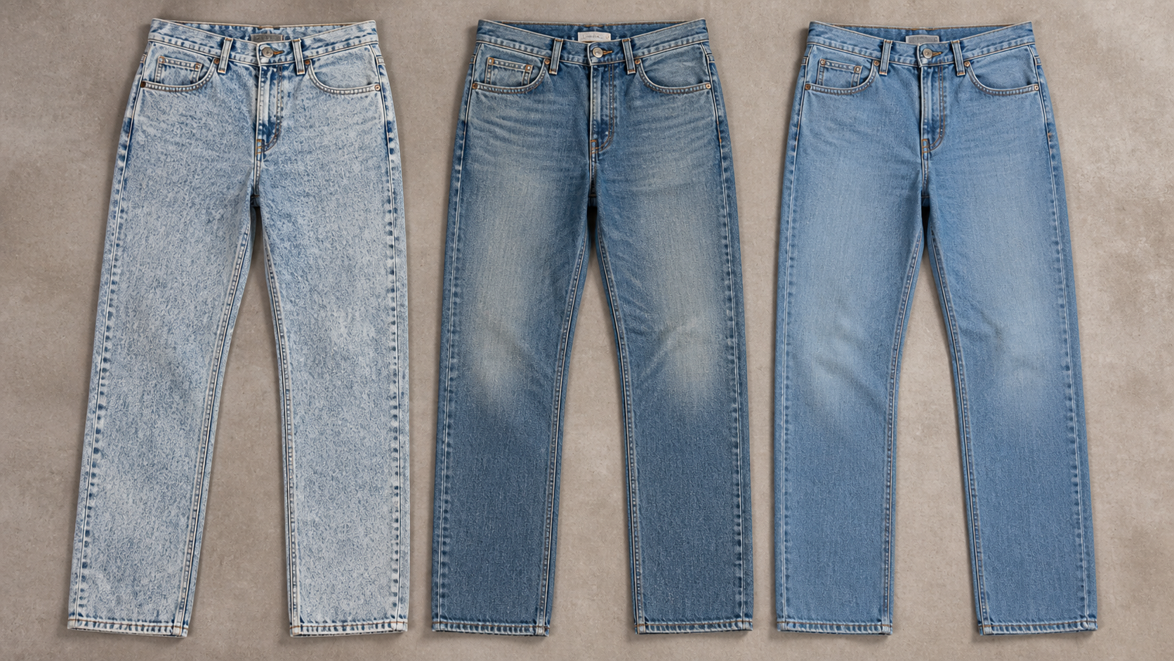 Three pairs of blue jeans laid flat: acid-wash on the left, medium wash with thigh fading in the center, and solid light blue on the right.