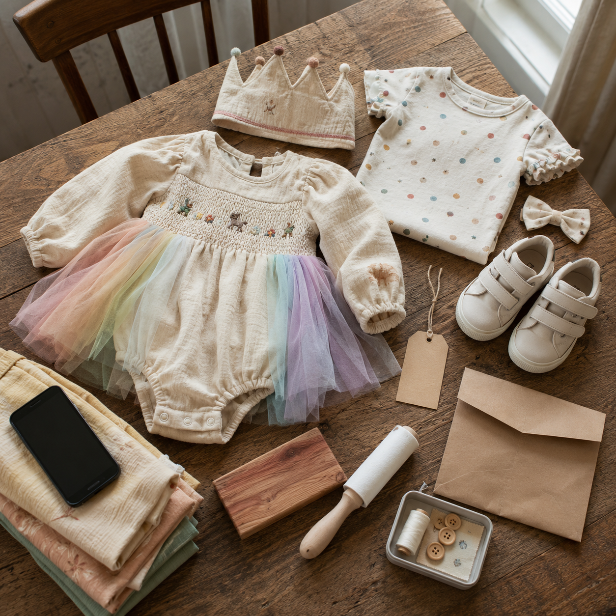 Baby outfit flat lay on wood table: smocked rainbow tulle romper, polka dot shirt, crown, sneakers, bow, lint roller, buttons, envelope, and phone.