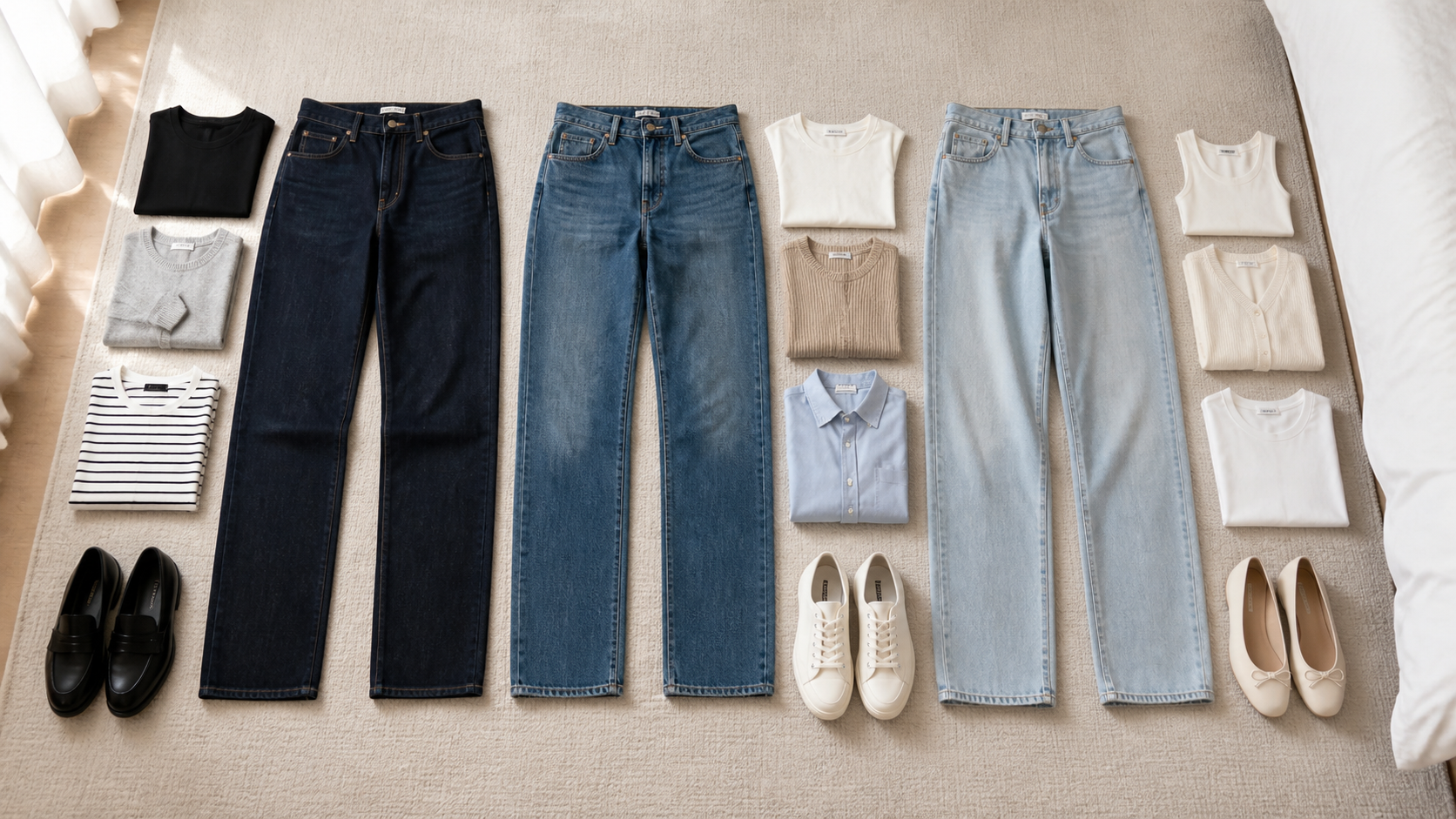 Three pairs of jeans in dark, medium, and light wash laid flat with coordinating tops, black loafers, white sneakers, and cream flats on a beige rug.