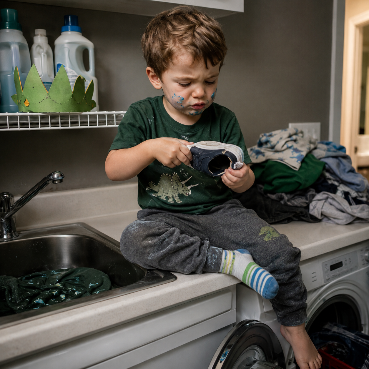 A paint-smeared toddler in a green dinosaur shirt sits on a laundry counter, inspecting a shoe. A sink with wet clothes and a pile of laundry are nearby.