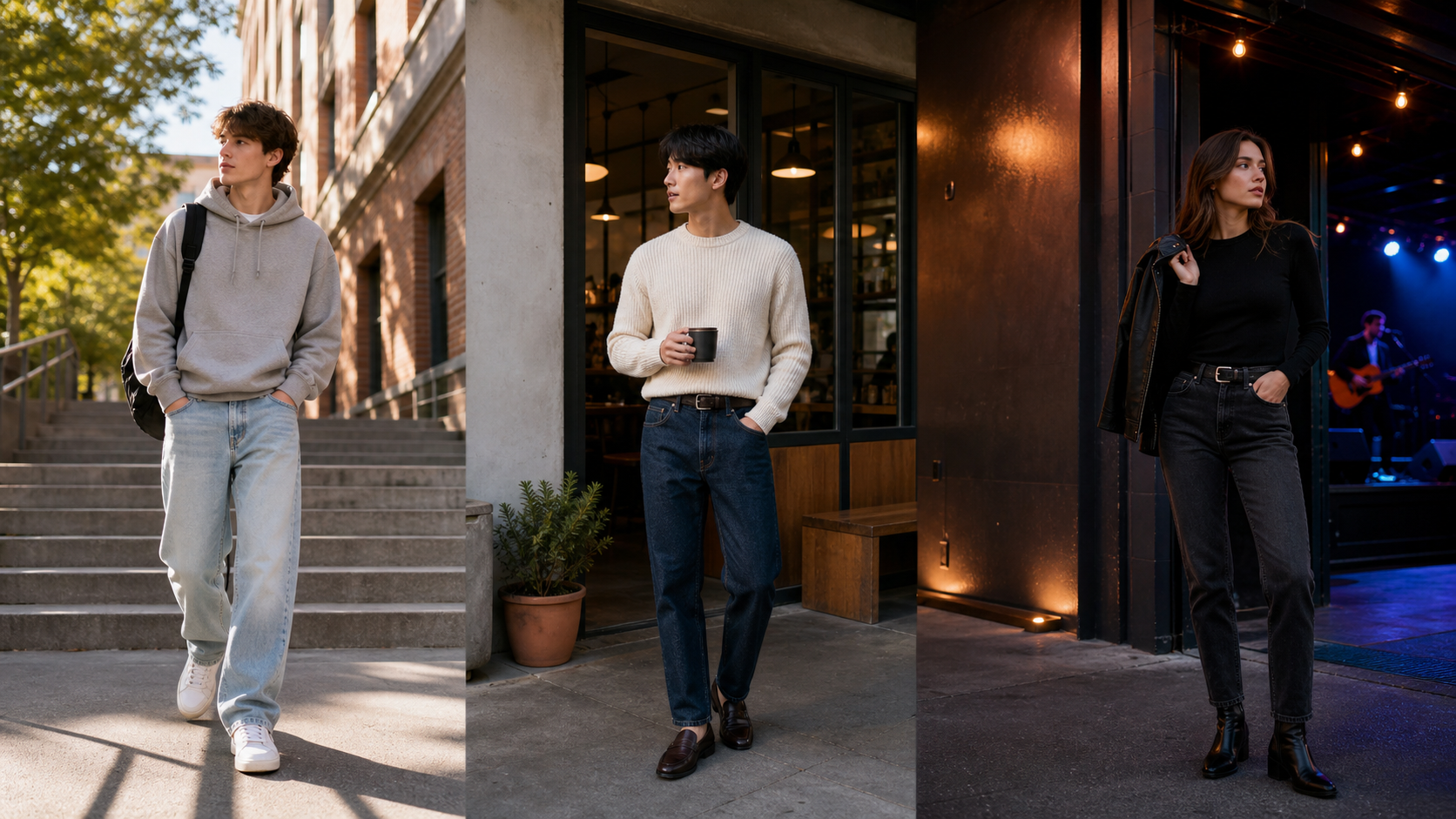 A collage showing three people in different settings wearing jeans: a man in a grey hoodie on stairs, a man in a cream sweater holding coffee, and a woman in a black top with a leather jacket near a stage.