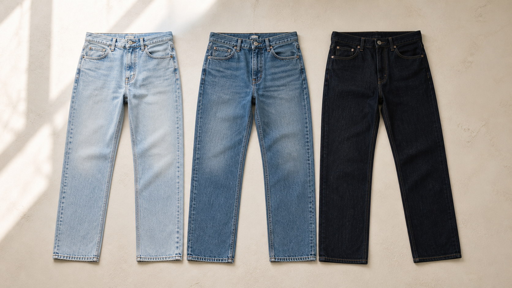 Three pairs of straight-leg jeans laid flat in light wash, medium blue, and dark indigo denim on a beige surface with natural shadow.