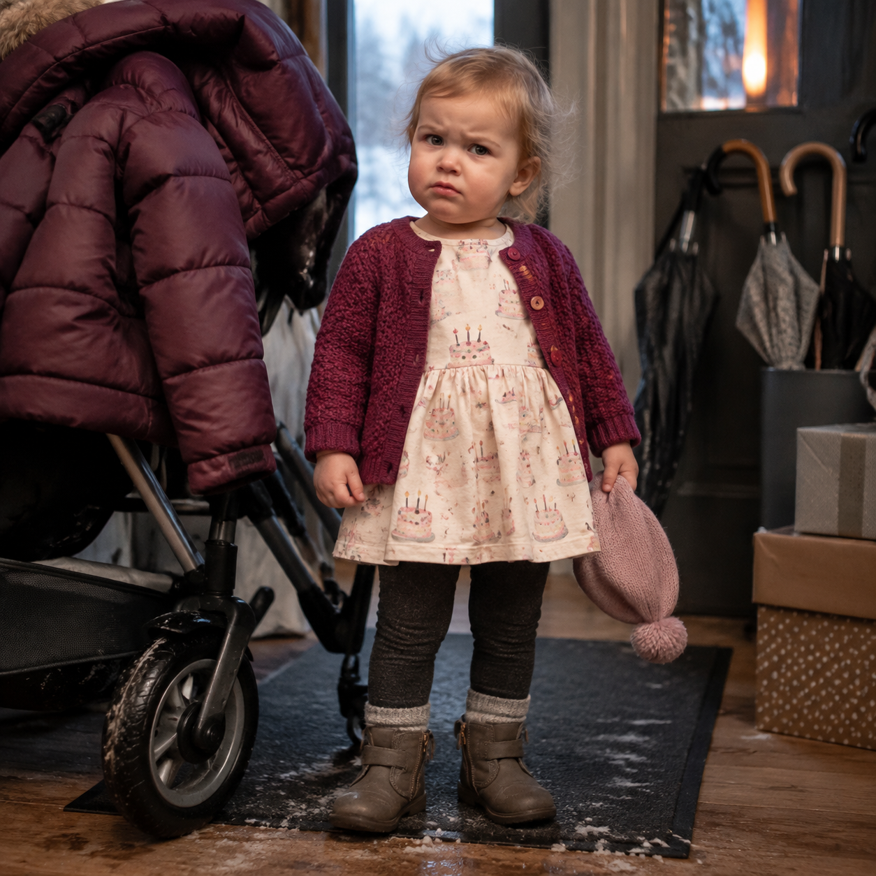 A frowning toddler in a cake-print dress and maroon cardigan stands on a snowy mat holding a pink hat, next to a stroller with a coat draped over it.